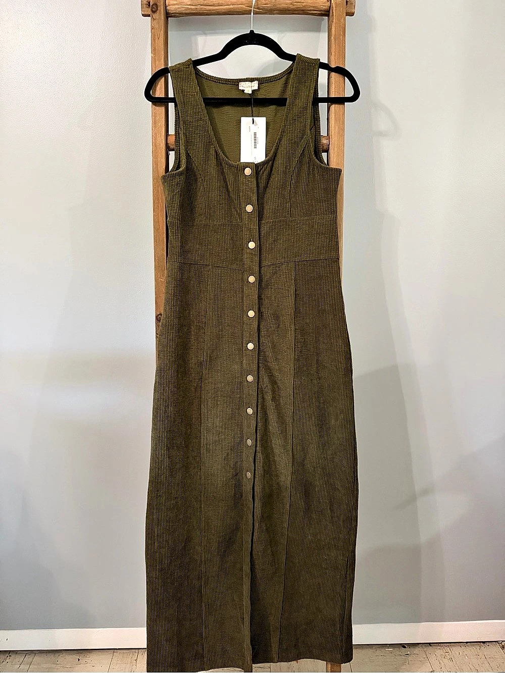 Hem & Thread Elsie Olive Green Corduroy Maxi Dress NWT Womens Small S Button